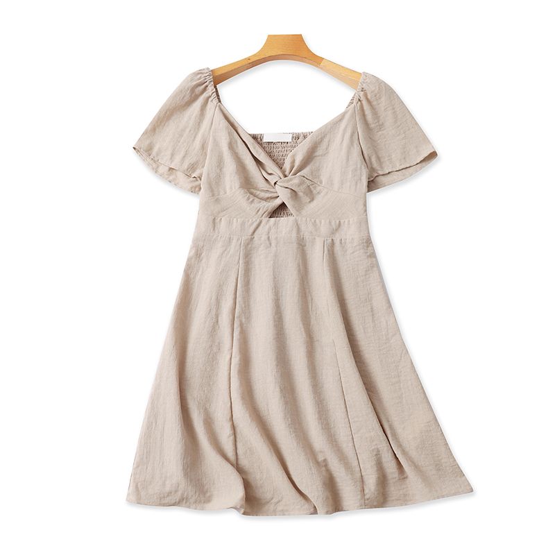 

Foreign Trade Backless Dress Summer New A Word Slimming Short sleeve Fashion Women Mid-Length Pullover Skirts 16453 Khakis 38