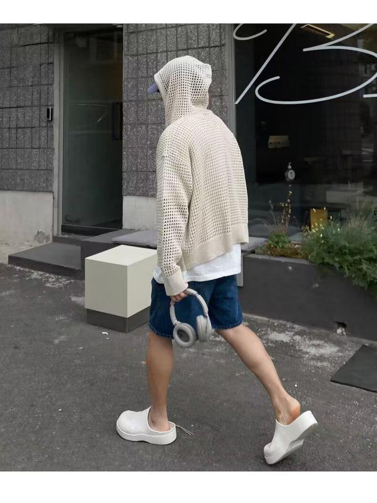Men's High-Grade Hooded Cardigan - Lightweight Knitted Sweater, Sun-Protective, Hollow Design for Couples.