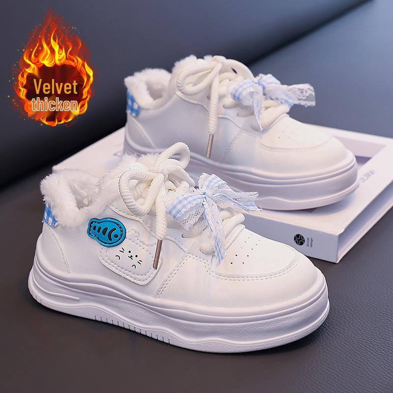 Versatile Children's Winter Plus Velvet Cat-Design Casual Warm Sneakers - White, Women's Sports Flat Shoes