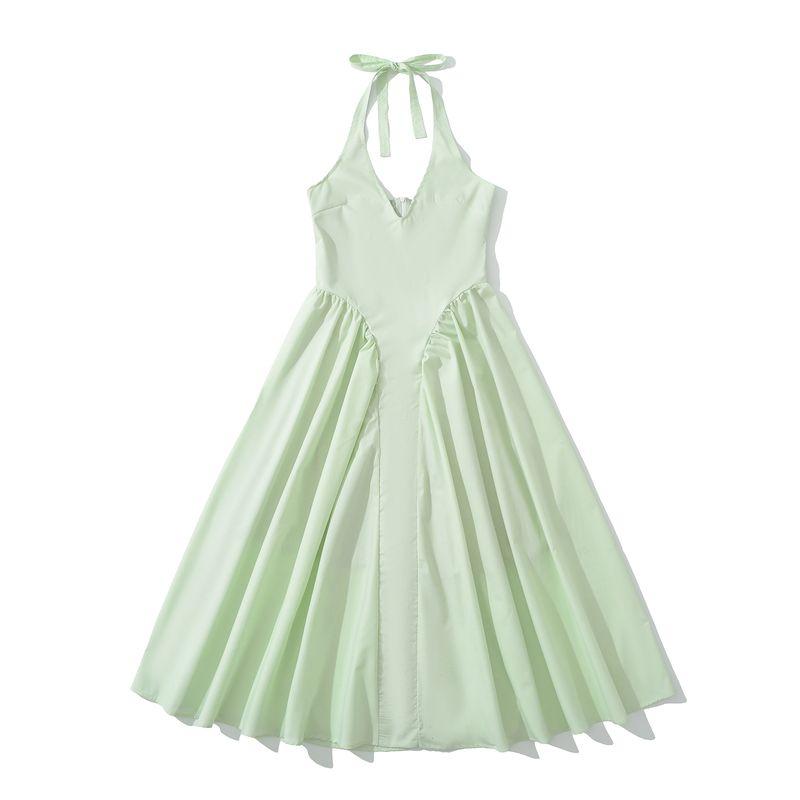 

Kaslead New Women clothes Western Style Fashion Simple and Fresh Solid Hanging Neck Dress Green L