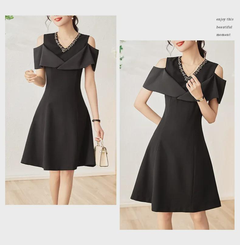 Nanyou Elegant Diamond V-Neck Off-Shoulder Slim Dress for Women