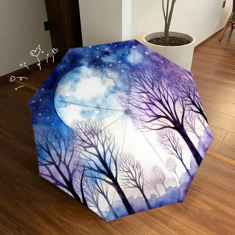1pc Moonlit Forest Automatic Folding Umbrella, Heavy Duty 8 Rib Iron Frame, Suitable for Travel, Daily Use, Birthday, Decor Gift 39