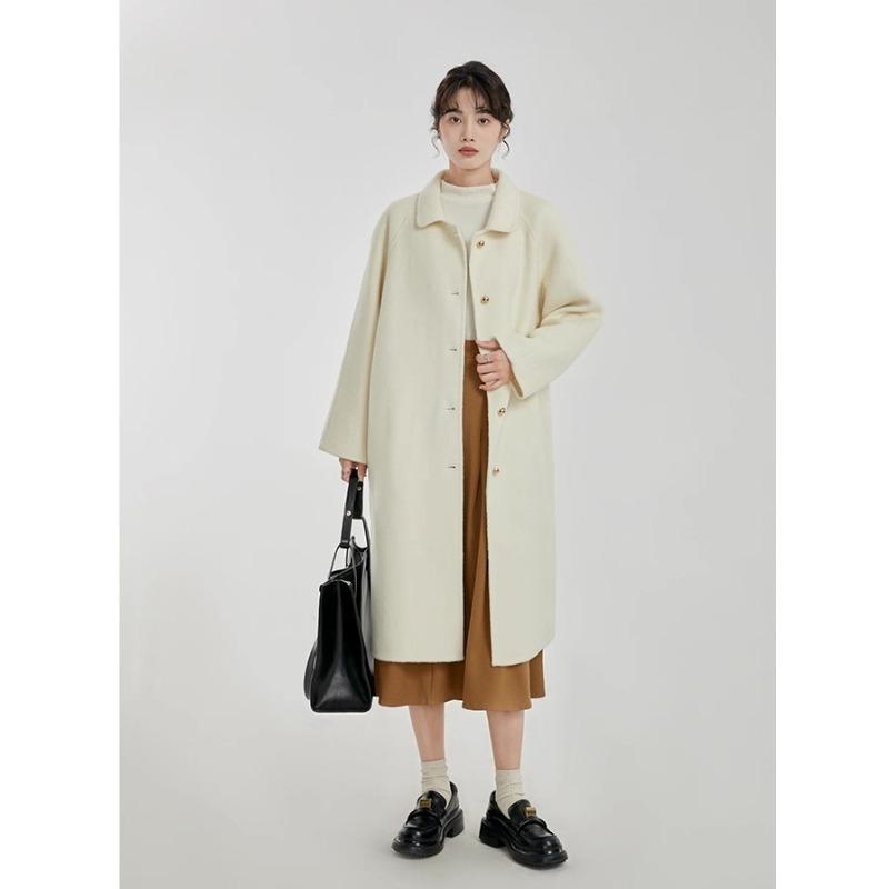 Winter Fashion Red Wool Coat Women Loose Mid Long Simple Elegant Premium Tweed Jacket