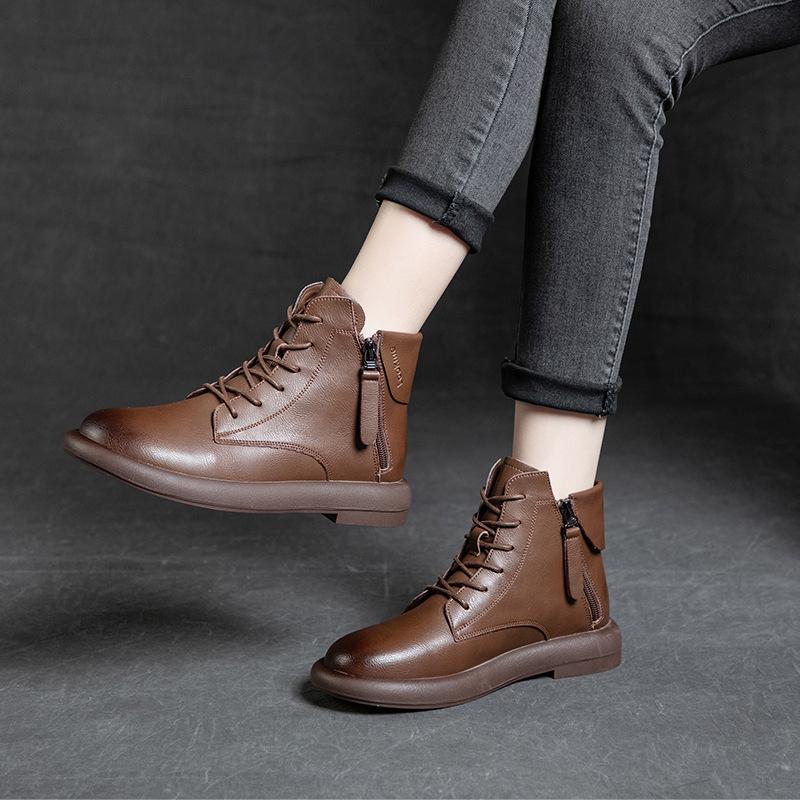 

Женские ботинки Мартина из коричневой кожи больших размеров - Мягкая подошва, Стройнящие, Круглый носок, Массивный каблук, Повседневные ботильоны на осень/зиму. 41