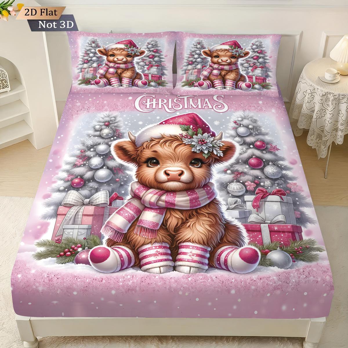 

3pcs Christmas Highland Cow Print Coreless Bed Sheet Set Multiple Size Bed Cover Bedroom Bedding, Decoration Machine Washable 90x191cm