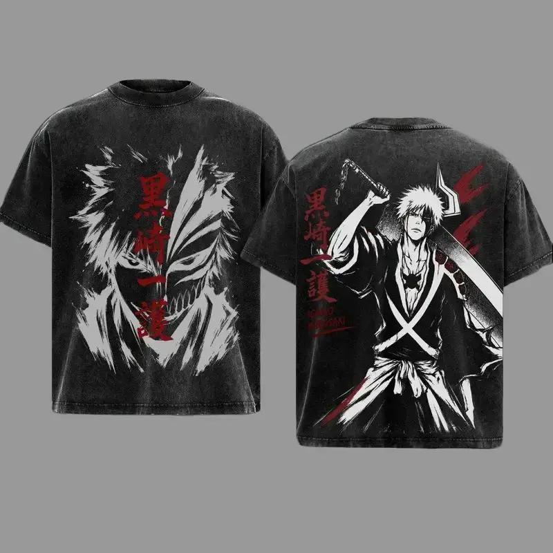 Manga BLEACH Kurosaki Ichigo T-shirt Men Clothing Anime Harajuku Vintage Washed T Shirt Summer Casual Loose Cotton Tees Clothes