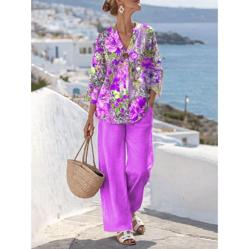 New European and American style sleeveless digital printing wide-leg pants set women's summer casual fashion two-piece set trendy