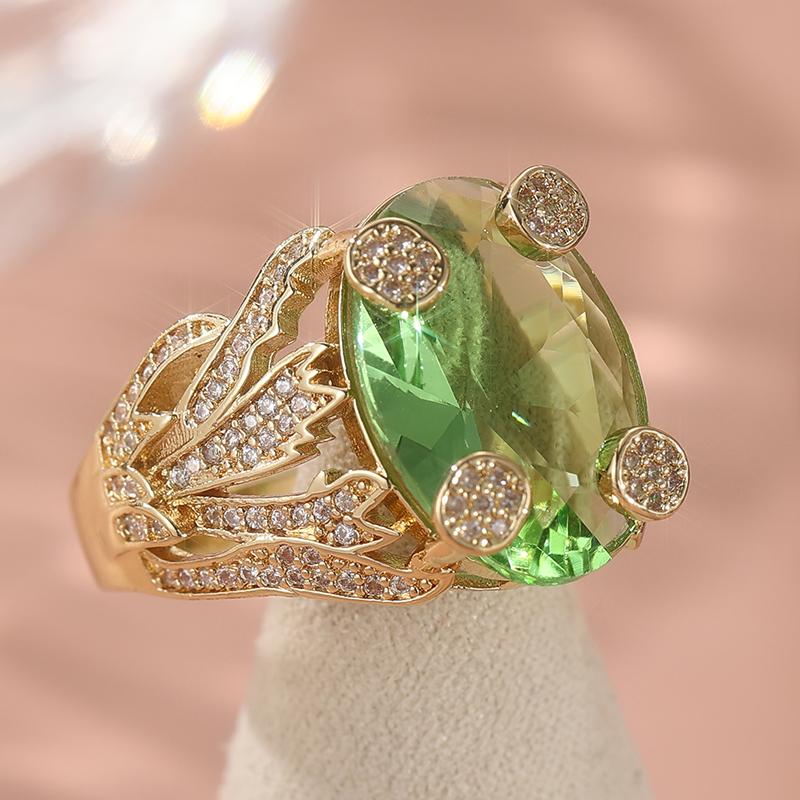 Luxury Synthetic Oval Green Zirconia Couple Ring Exquisite Classic Women's Shining Gold Plated Rings Fashion Jewelry