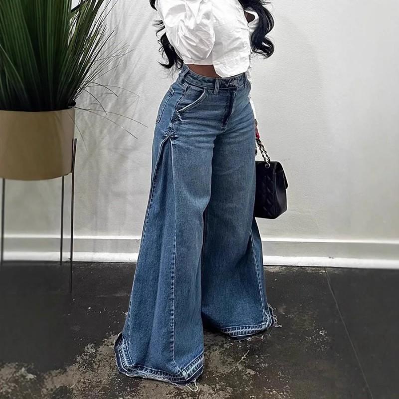 Womens Y2K Vintage Wide Leg Denim Pants Low Waist Flared Trousers Loose Fit Dragging Length