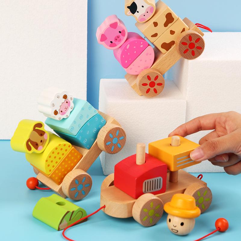 Cross-border Children's Wooden Three-section Tractor Train, Animal Pairing Assembly Color Cognition Early Childhood Education Building Block Toy