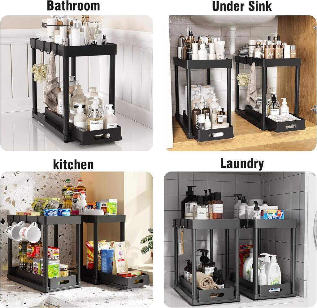 2 Pack Pull-Out Storage Organizers Under Sink Organizer And Storage For Bathroom  Kitchenmulti-Purpose Under Cabinet Organizers And Storage Black