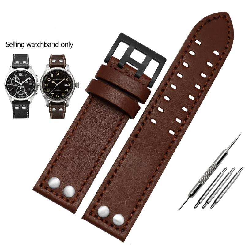 JEDNA Pasek do zegarka ze skóry naturalnej dla serii Hamilton Khaki Aviation Field Męski Pasek do zegarka Bransoleta z nitami Pasek Brązowy 20mm 22mmMN