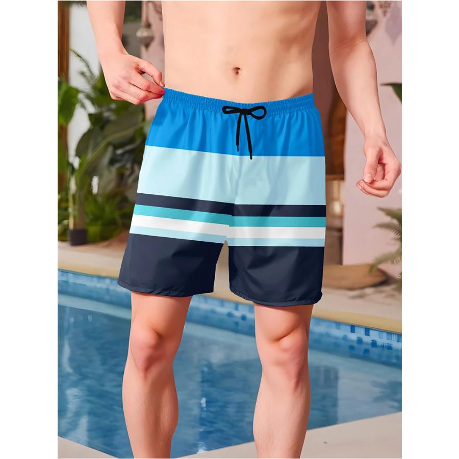 Simple Fashion Striped Pattern Beach Shorts For Men Summer Casual Daily Wear 3D Printed Short Pants Loose Breathable Swim Trunks