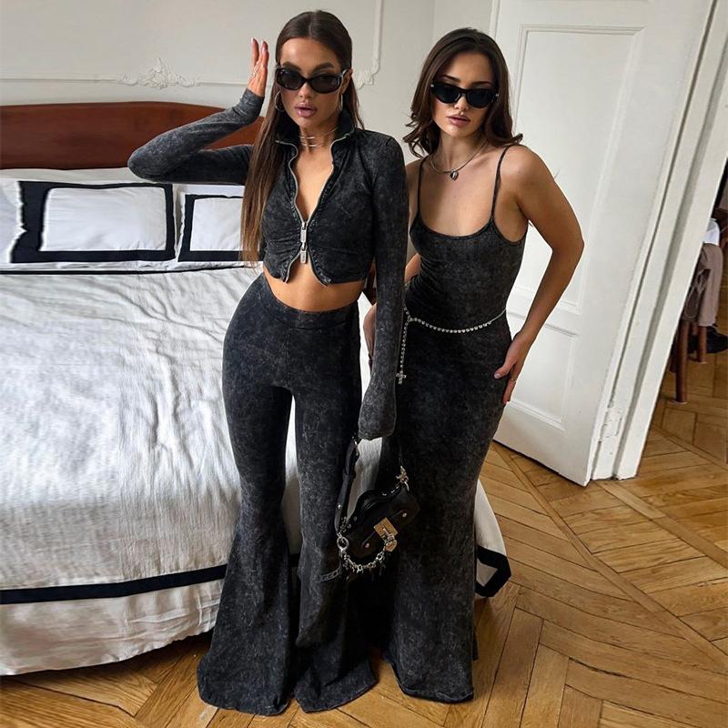 Modischer, sexy, kurzer Reißverschluss, Oberteil mit hoher Taille, bauchbetonender Hose, Schlaghose, passendes Set für Damen