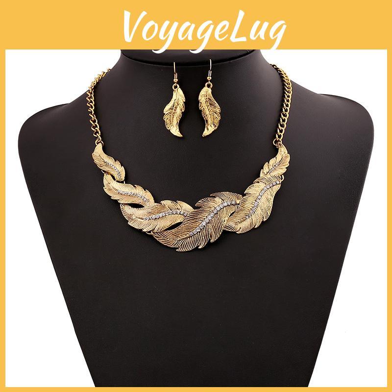 Fashion Rhinestone Decoration Feather Design Women Gold Necklace And Set Earring