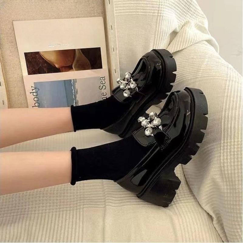 

Женские черные кожаные лоферы Мэри Джейн 2025 Новая мода Толстый каблук Украшенные кристаллами Британский стиль Весенне-осенняя обувь 40