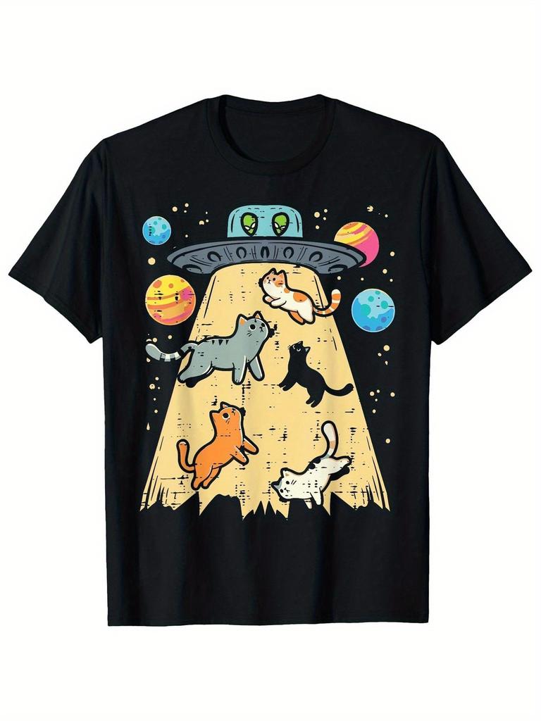 Rolig rymdskeppskatt UFO-bortföring T-shirt Svart mönster kortärmad bomull rundhalsad unisex casual modekläder