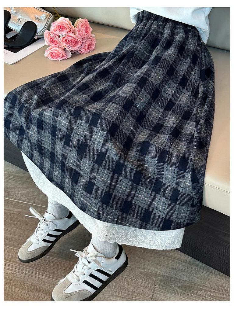 Girls' Plaid Wool Blend Midi Skirt - Autumn/Winter 2025 Fashion