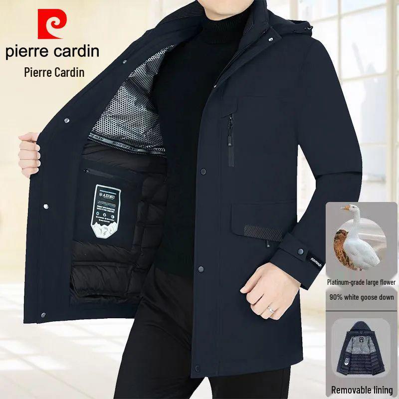 Pierre Cardin Men's Mid-Length Goose Down Jacket with Removable Liner - Thickened, Warm Winter Outerwear.