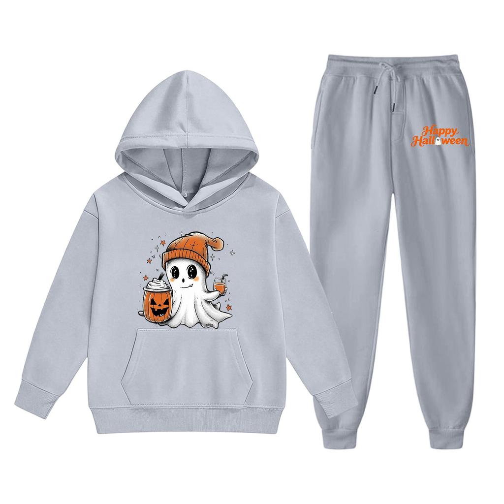 Kids Halloween Hoodie and Pants Set Ghost Print Pullover Sweatshirt with Hooded Top and Elastic Waist Bottoms for Boys and Girls