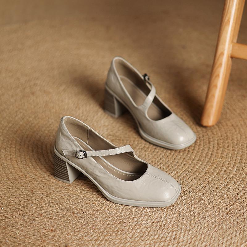 Krazing Pot Sheep Skin Spring Summer Size 41 Chunky Heels Women Square Toe Mary Janes