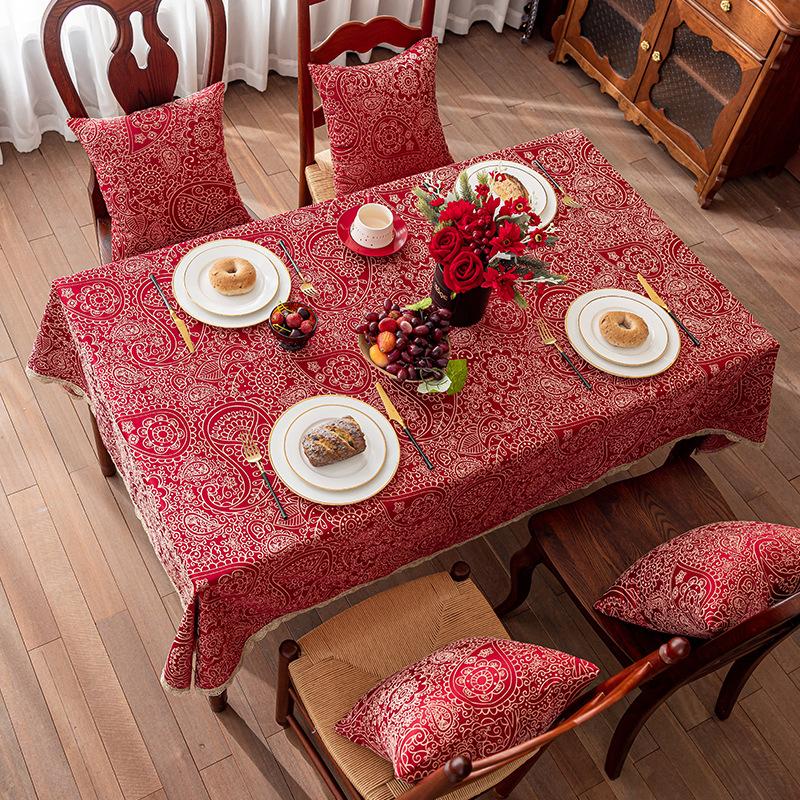 Wedding Rectangle Gold Lace Restaurant Tablecloth New Year'S Red Yarn Jacquard Coffee Table Cover