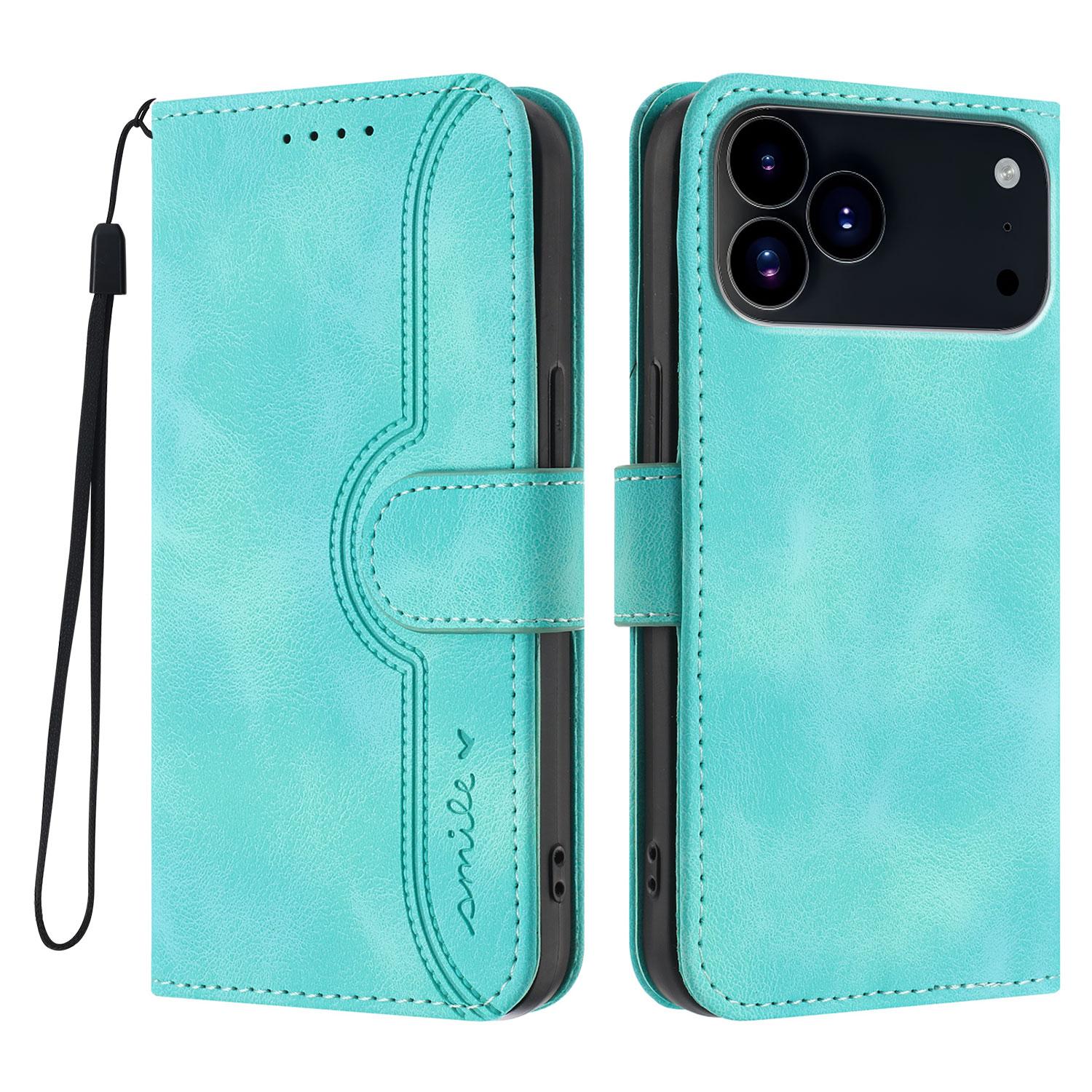

For iPhone 17 Pro Max Leather Case Wallet Stand Smile Imprinted Phone Cover with Strap Light Blue