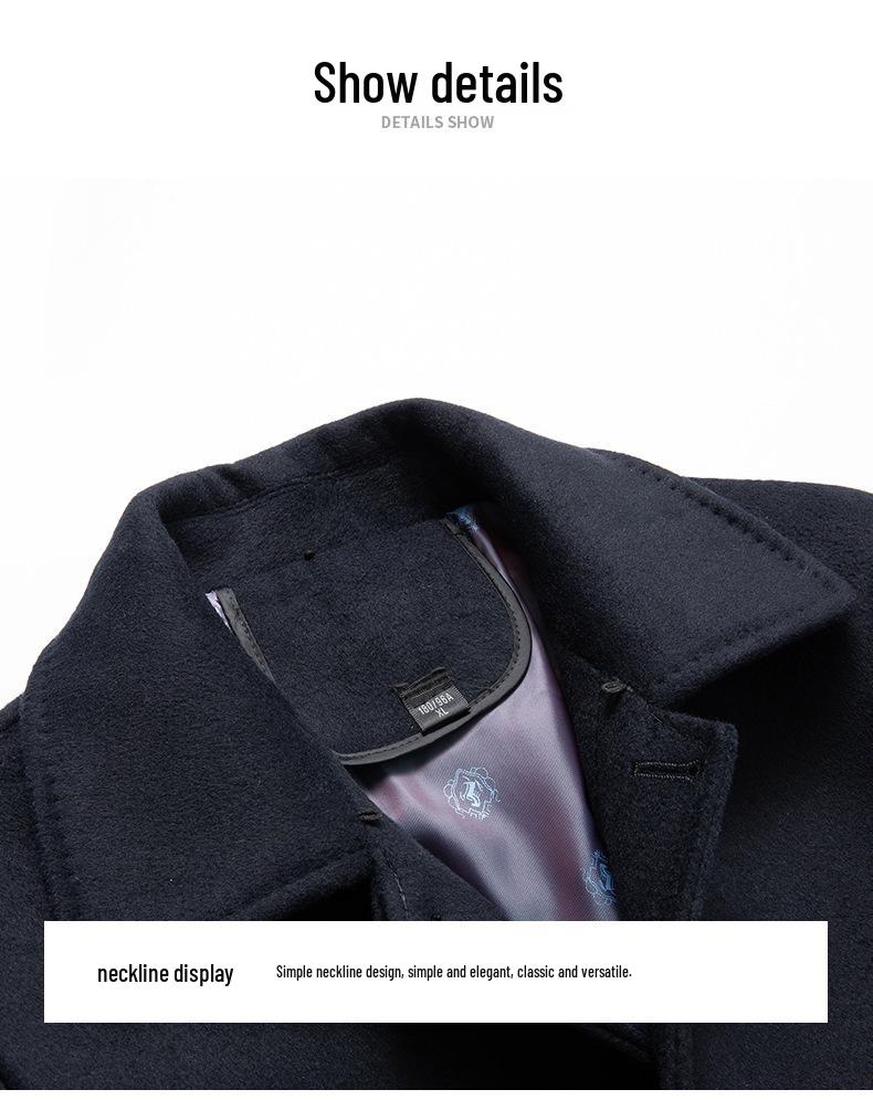 Men's Over-the-Knee Woolen Business Coat with Fleece Inner Layer, Autumn/Winter, Middle-Aged Style