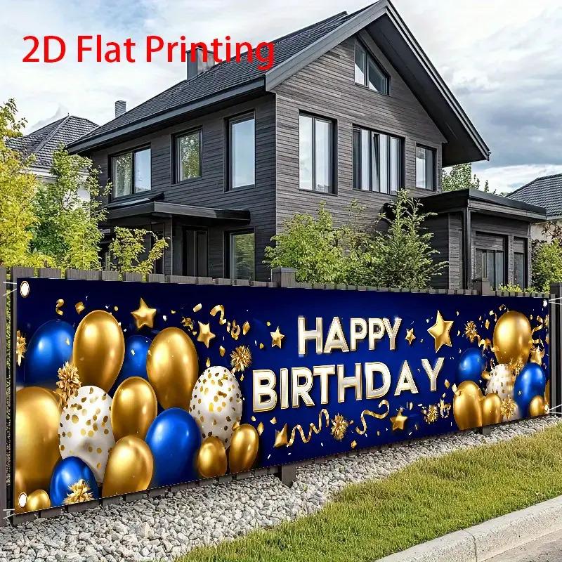 Happy Birthday Fence Banner, Blue Golden & White Balloons Stars Confetti Design, Polyester Outdoor Garden Garage Studio Decoration