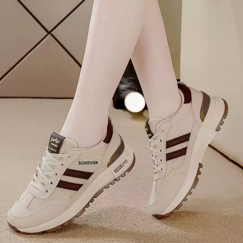 2025 Spring and Summer New Mesh Breathable Women's Shoes Casual Shoes Versatile Flat Baseplate Shoes Sports Running White Shoes Women