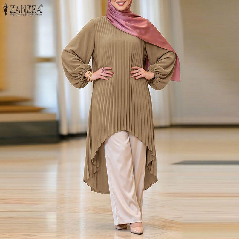 ZANZEA Women Casual Round Neck Long Sleeve Loose Irregular Pleated Blouse