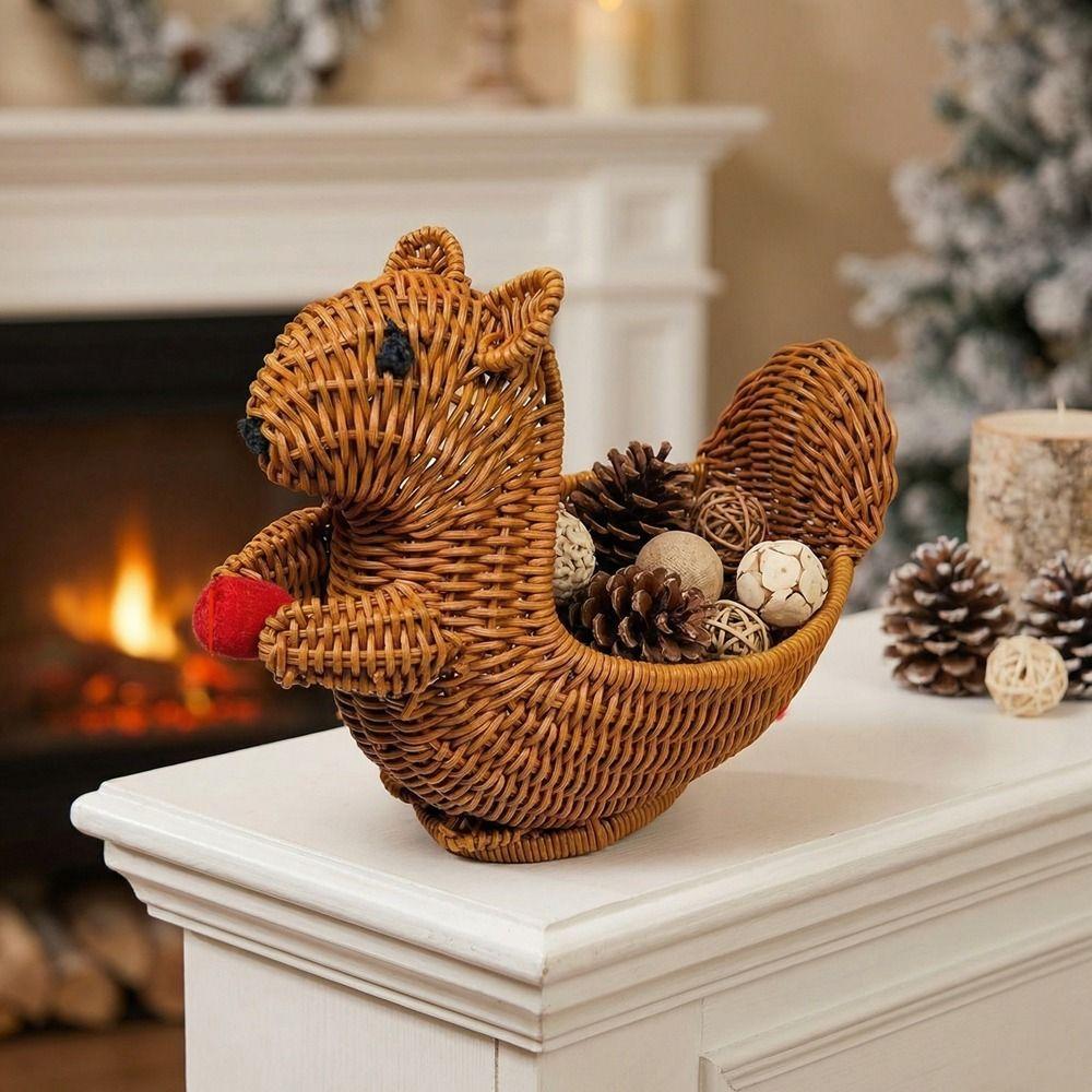 Handwoven Squirrel Shaped Storage Basket PP Rattan Woven Fruit Basket Home Storage
