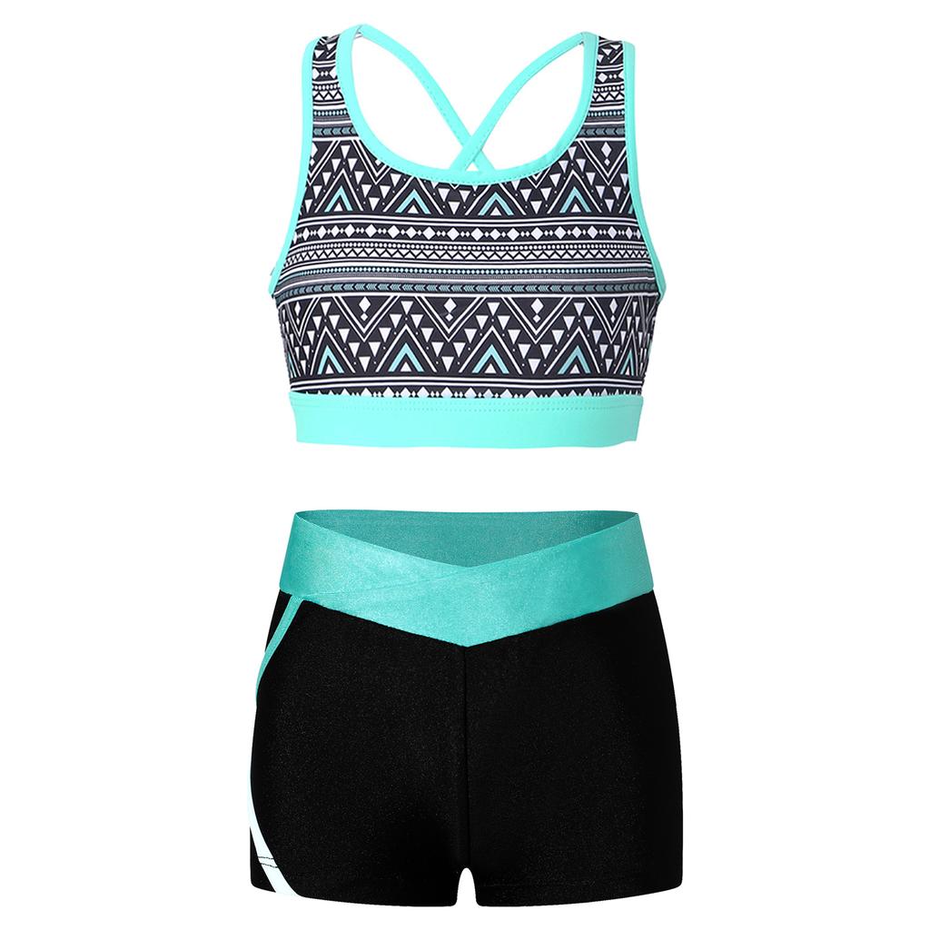 Completo Sportivo da Ragazza Senza Maniche Scollo a U Spalline Incrociate sulla Schiena Crop Top Stampato Pantaloncini a Vita Bassa Elastica