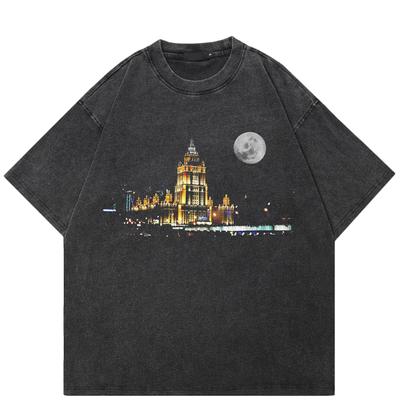 T-shirt Unisex Grafica Edificio Streetwear Cotone Nero Lavato T-shirt Unisex Top T-shirt Maniche Corte Estiva