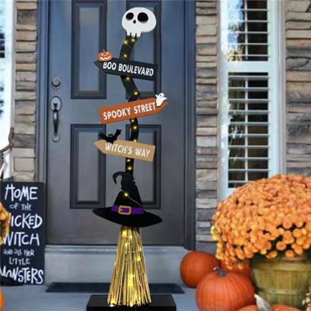 Spooky Design Wooden Witch Broom with Base Halloween Broomstick Ornament  Yard Ornament