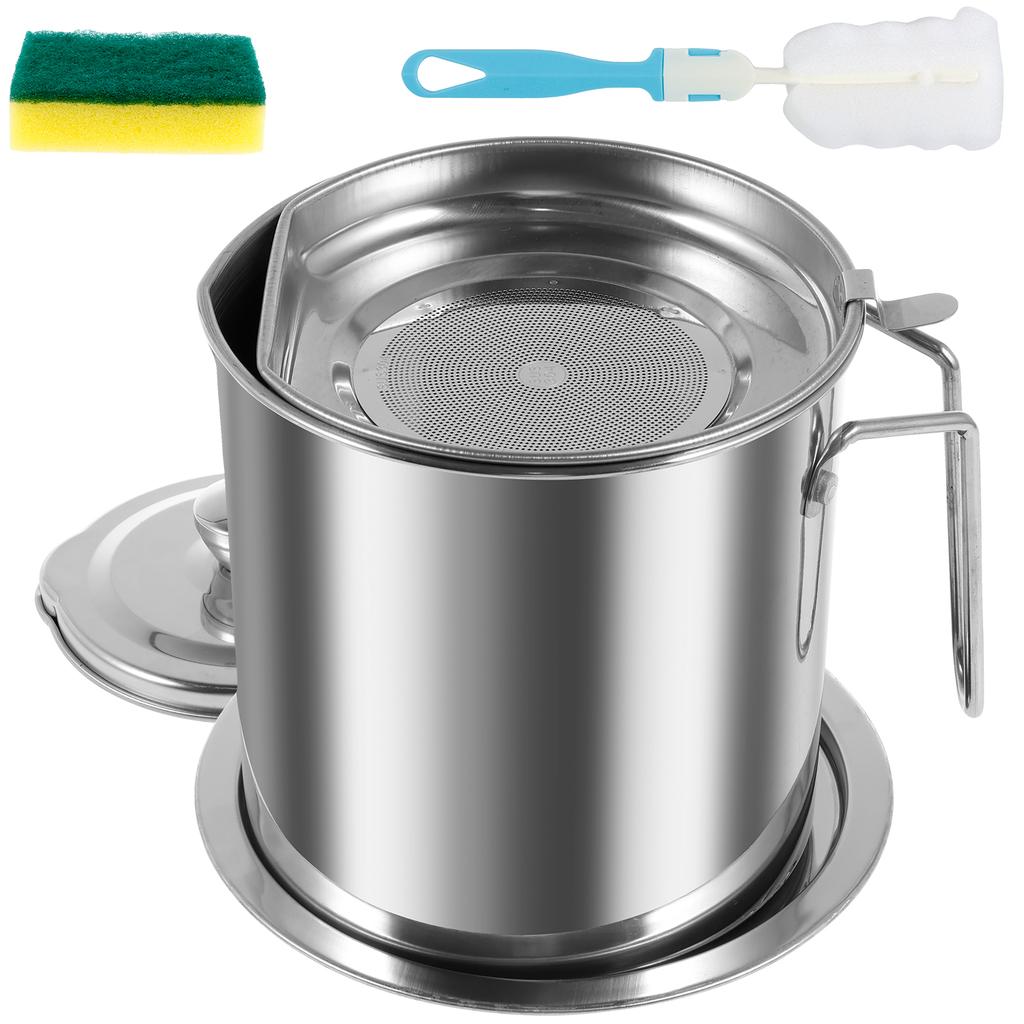 2/1.5L Oil Filter Fry Basket Oil Storage Can Pot Stainless Steel Oil Strainer Pot with Fine Mesh Strainer Grease Container Kitch