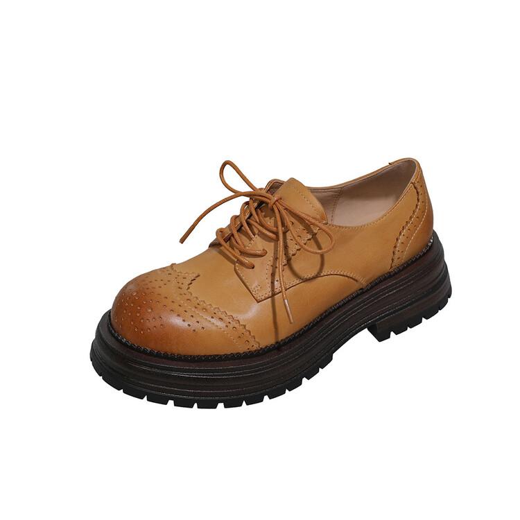 

Модные новые весенне-осенние женские туфли-лодочки из натуральной кожи, с круглым носком, в стиле броги, лоферы, на высоком каблуке, на шнуровке, на платформе 39 жёлтый