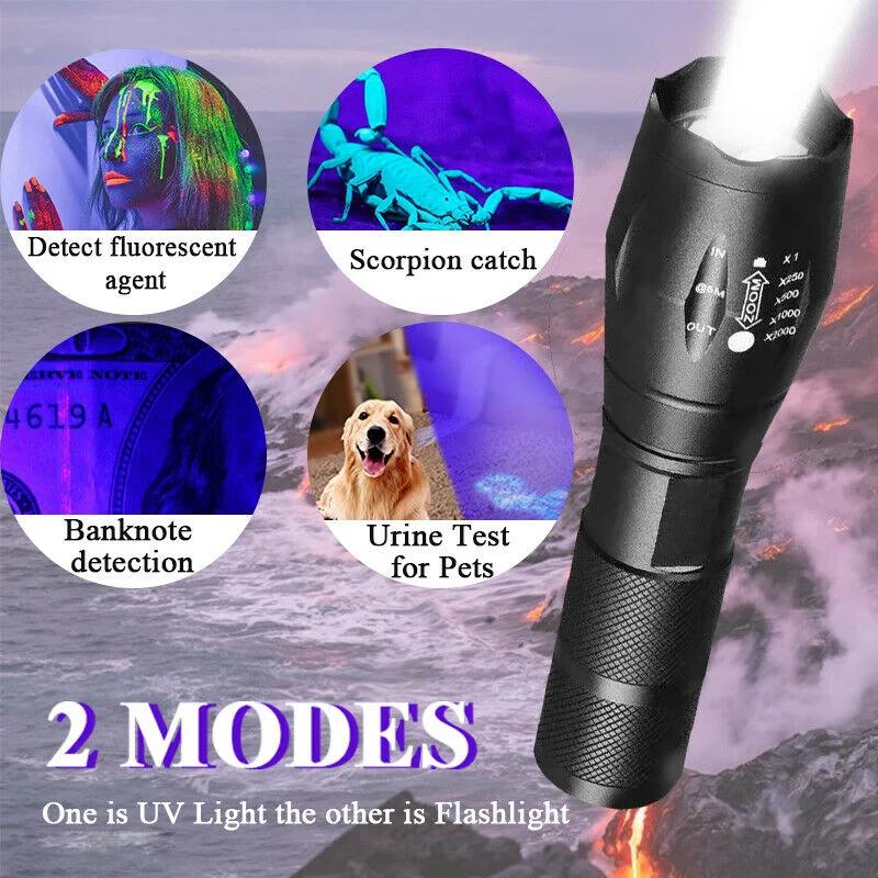 395nm 2 in 1 UV Flashlight Black Light LED Torch Type-C Rechargeable Lamp Outdoor Zoom Waterproof Lantern for Pet Urine Stains