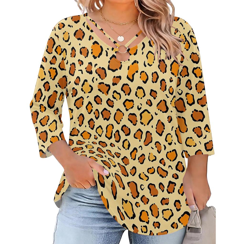 Blusa Floral Feminina Plus Size com Manga Três Quartos, Blusa Casual, Túnica de Corte Amplo para Primavera Verão, Uso Diário, Trabalho e Saídas