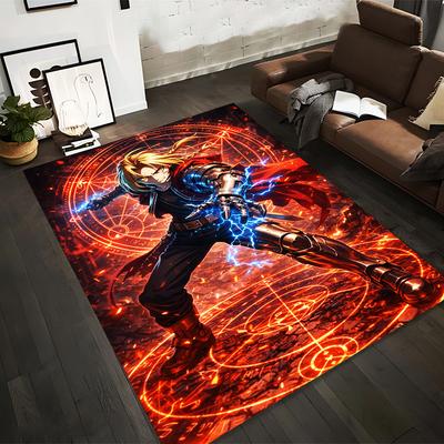 Fiery Anime Warrior Carpet with Lightning and Red Circle Pattern Suitable for Use As an Anti-slip for Living Room Bedroom Sofas