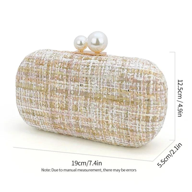 

Sequin Tweed Evening Bag Faux Pearl Clutch Purse Plaid Pattern Handbags for Wedding Party Prom Small Shoulder Crossbody Bags золотой