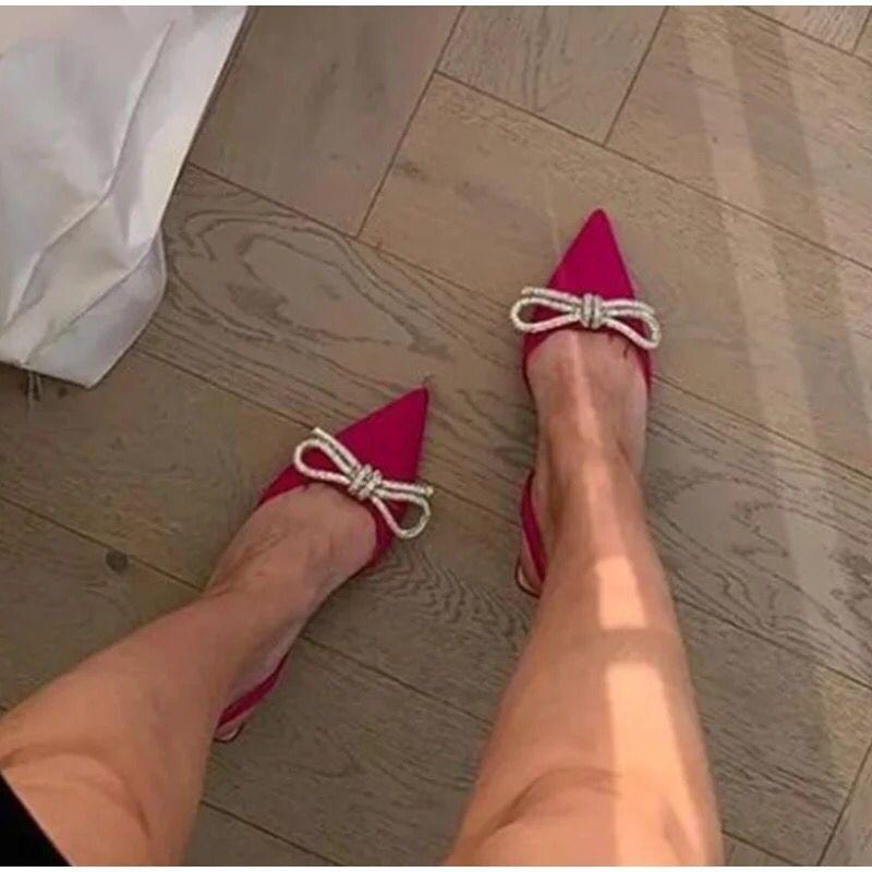 Shallow women's shoes bow high heels single shoes fashion off-heel shoes rhinestone pointed one pedal sandals