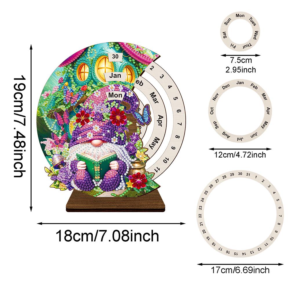 Special Shape Garden Gnome Diamond Painting Spinning Calendar Wooden Perpetual Desk Calendar Manual Rhinestones Wheeled Calendar