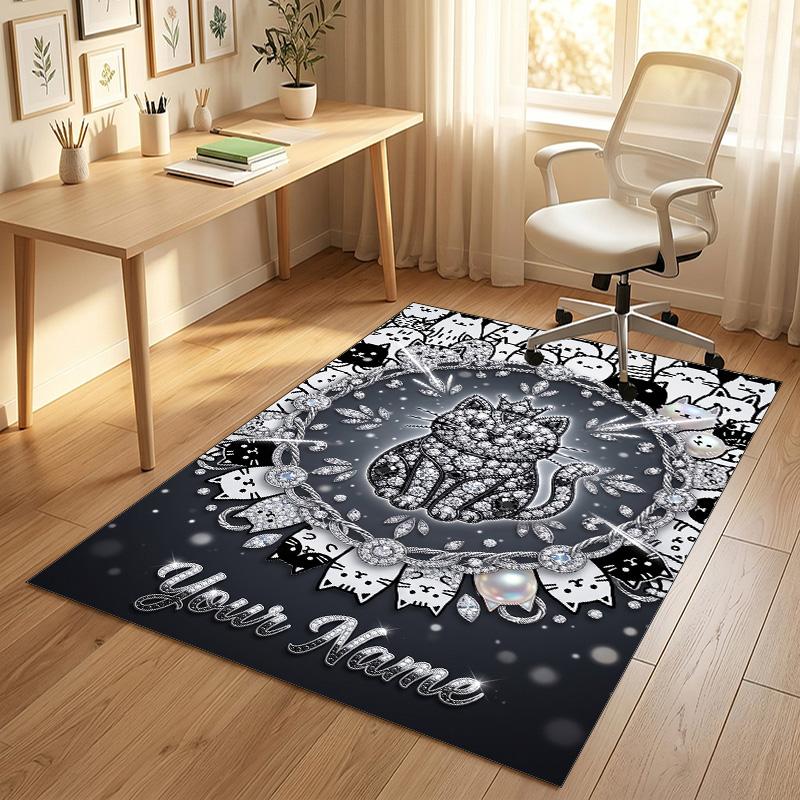 Cat Theme Crystal Velvet Rug Personalized Custom Name Text Soft Floor Mat Home Decor