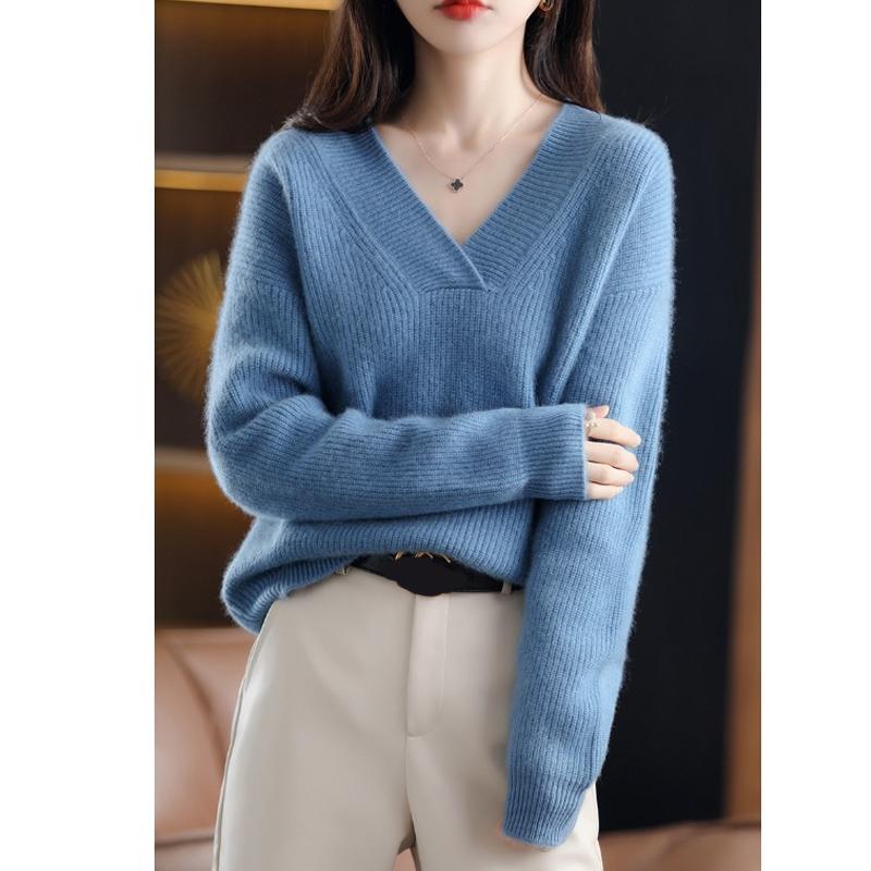 Autumn and Winter New V-neck Pullover Sweater Women's Fashion Loose Simple Knitted Thickened Tops Elegant Casual Solid Color Office Clothing