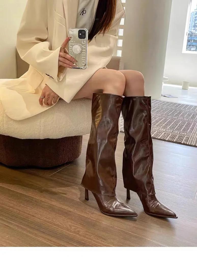 Fashion Pointed Fine Heel Fashion Boots Rub Zipper Sexy Women's Boots 2025 Winter New High Boots Rubber Bottom Pu Material