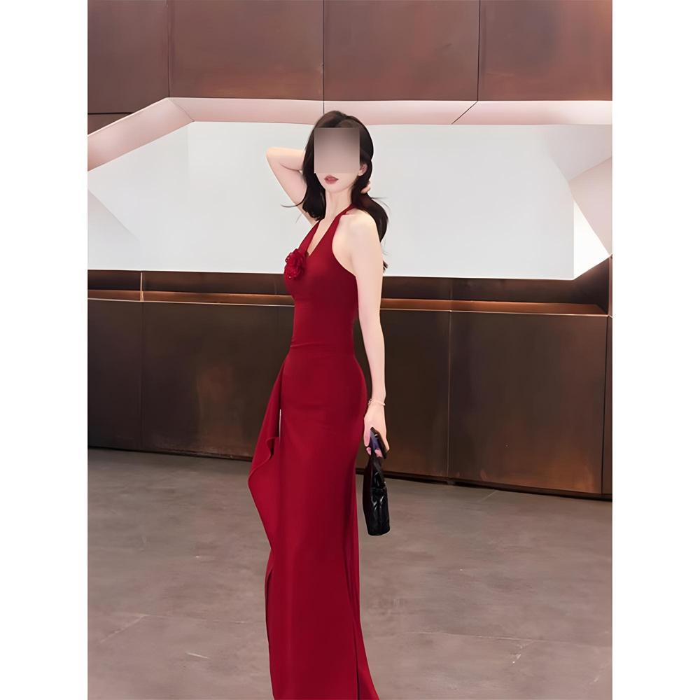 

Black Flower Halter Neck Dress Women s Summer Split Fork Slim Waist Skirt Skinny Hip Wrap Long Dress S- (can be worn within 45kg) червоний