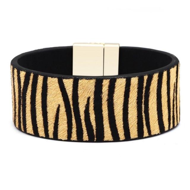 

модный браслет из кожи с леопардовым принтом в стиле ретро, этнический, зебра, полосатый, тигровые полосы, кристалл, магнитная пряжка, браслет для женщин, ювелирные изделия, бижутерия 19cm
