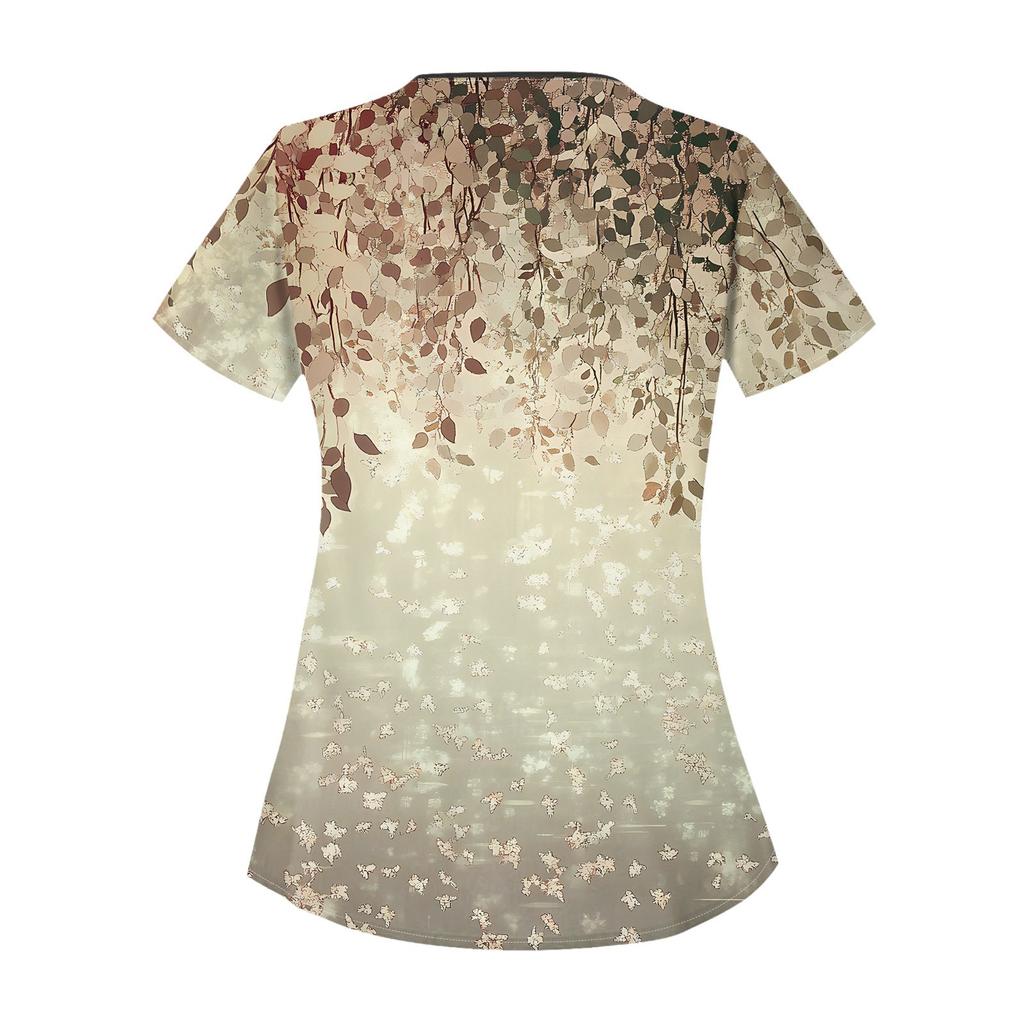 Women's Casual Print Short Sleeve Sloping Collar Workwear Top With Double Pockets