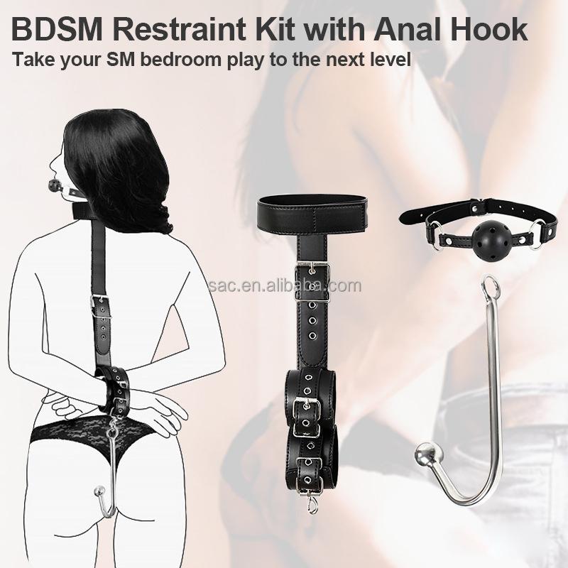 SacKnove China Bdsm Anal Hook Backhand Handcuffs Sex Toys Moth Gag Gear Set SM Bondage Kit for Woman Couples